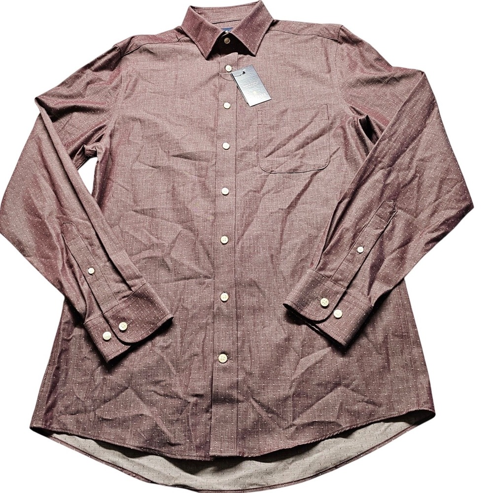 Stafford Premium Stretch Dobby Shirt Mens Small Burgundy Regular Fit Long Sleeve